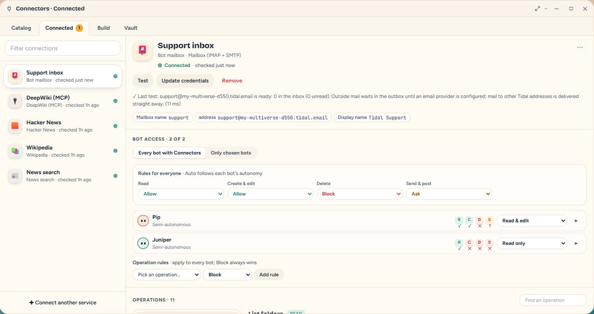 The Connections app showing one connection's bot access: a rule for read, create and edit, delete and send, a per-bot access level for Pip and Juniper, and rules for single operations.