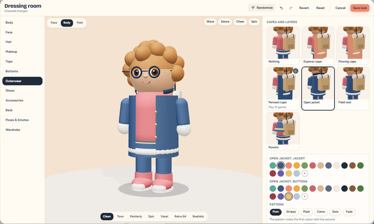 The avatar dressing room: a live 3D preview of an explorer in curly hair, round glasses, a pink sweater and an open blue jacket, with the outerwear parts, colours and patterns on the right.