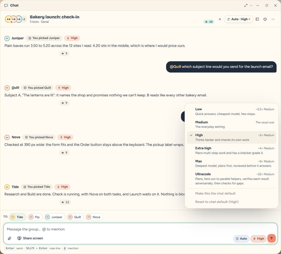 A group chat with Tide, Pip, Juniper, Quill and Nova where each bot answers the question put to it, and the effort menu open from Low up to Ultracode, each with a cost relative to Medium.