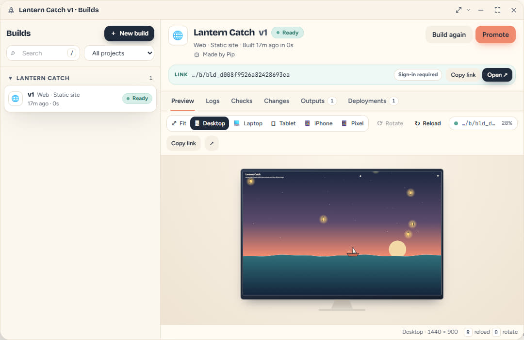 The Builds app showing the Lantern Catch build ready, its private link with a sign-in required badge, and the game playing in a desktop preview with a boat catching falling lanterns.