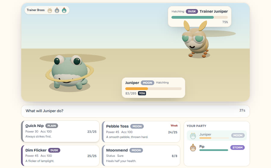 A Hatchling Battle mid-fight: two creatures with their health bars, the question what will Juniper do, four moves with power and accuracy, and the player's party.