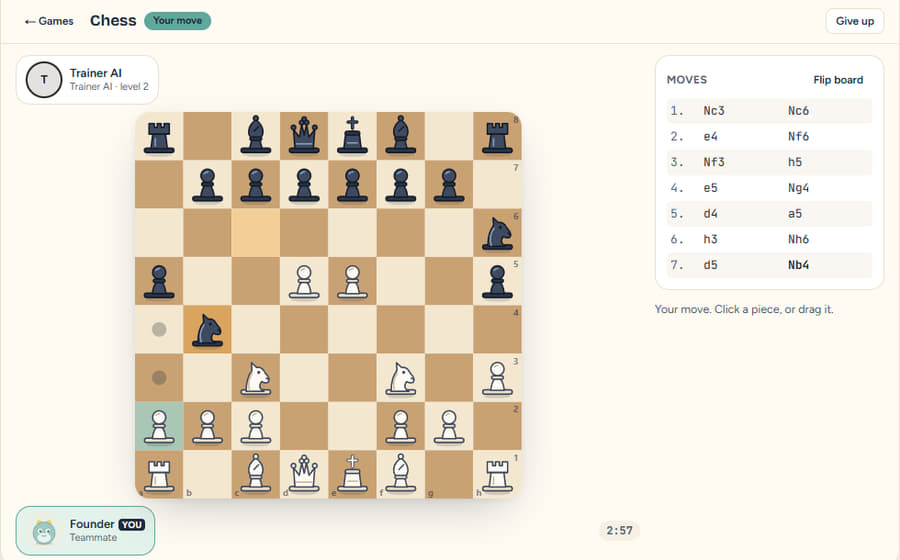 A game of chess against the computer at move eight, a white pawn selected with its legal moves marked, the move list and the clock beside the board.