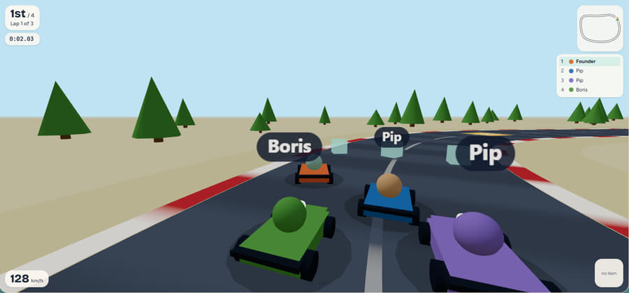 Tidal Kart in progress: a 3D race on a looping track, the player in first place at 128 km/h among three other karts, with a minimap, standings and an item slot.