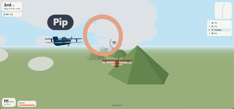 Sky Rings in flight: a biplane racing through a course of rings over green hills, third of four, with ring 3 of 16 ahead, a minimap, standings and a boost bar.