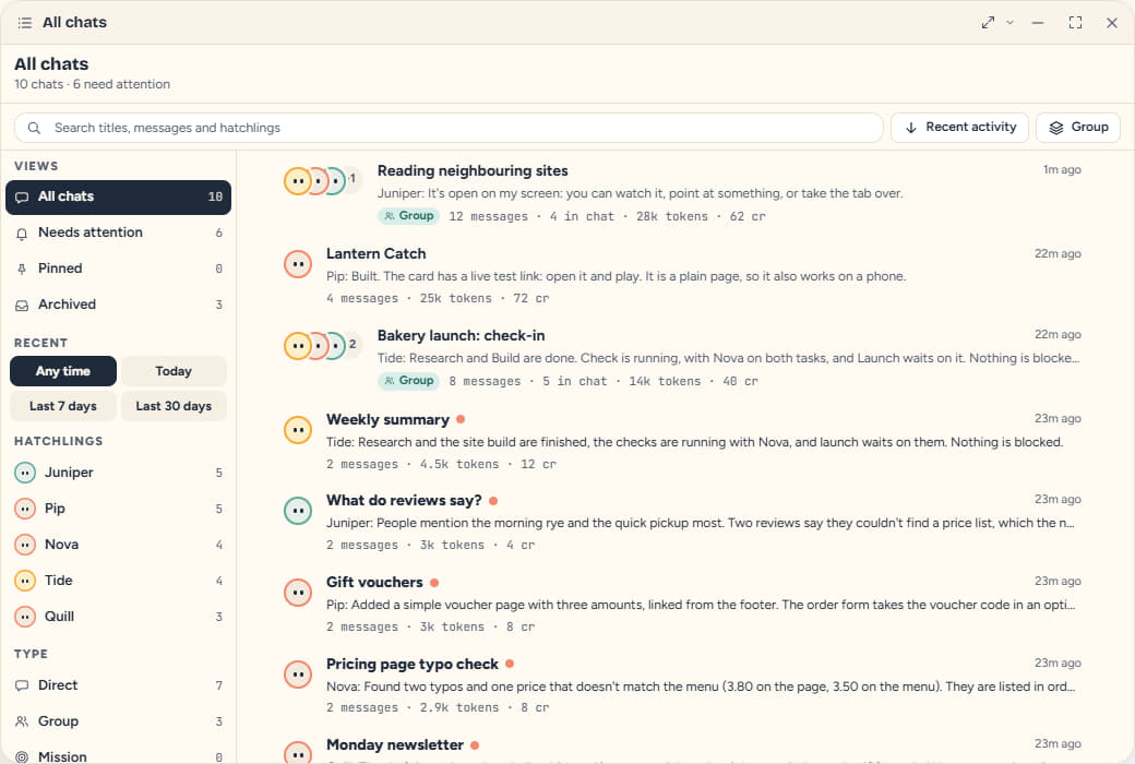 The All Chats hub: ten conversations across the bots with the last message, who is in each, tokens and credits, and filters for needs attention, pinned, archived, hatchling and type.