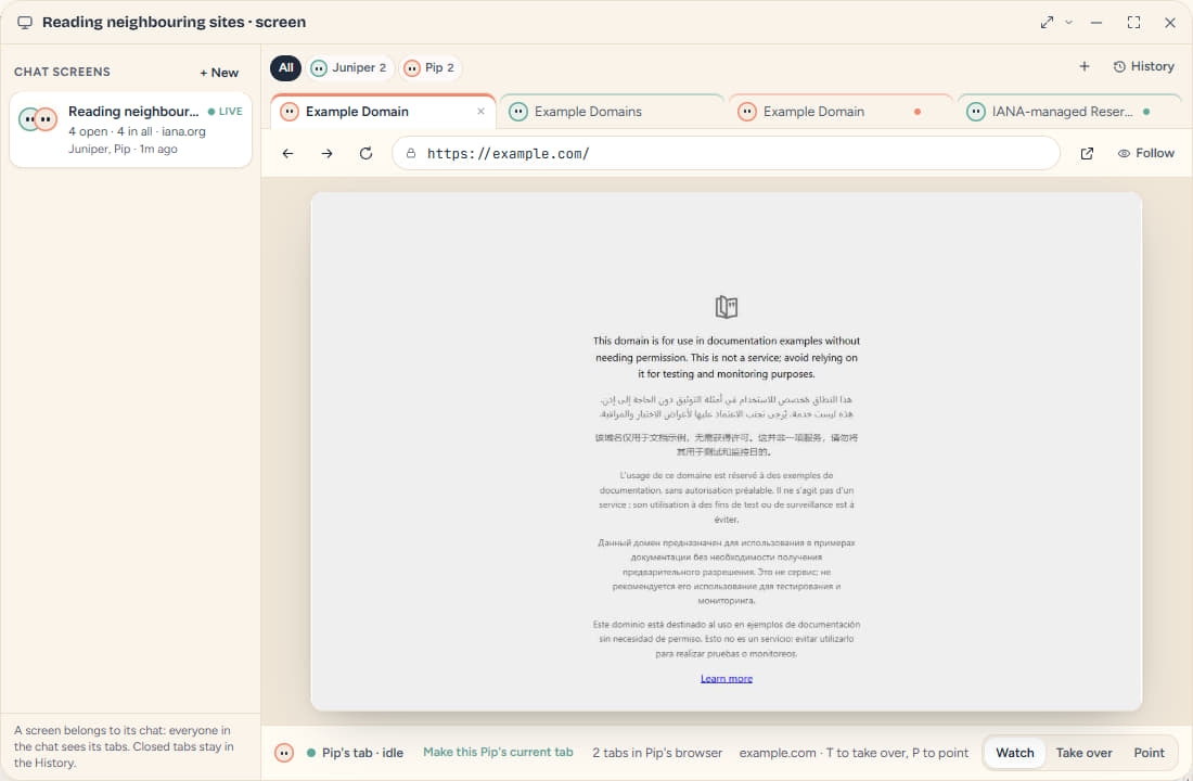 The chat's screen: four tabs from two bots, each wearing its bot's face, with the page shown in the stage, a Follow switch, History, and Watch, Take over and Point modes.
