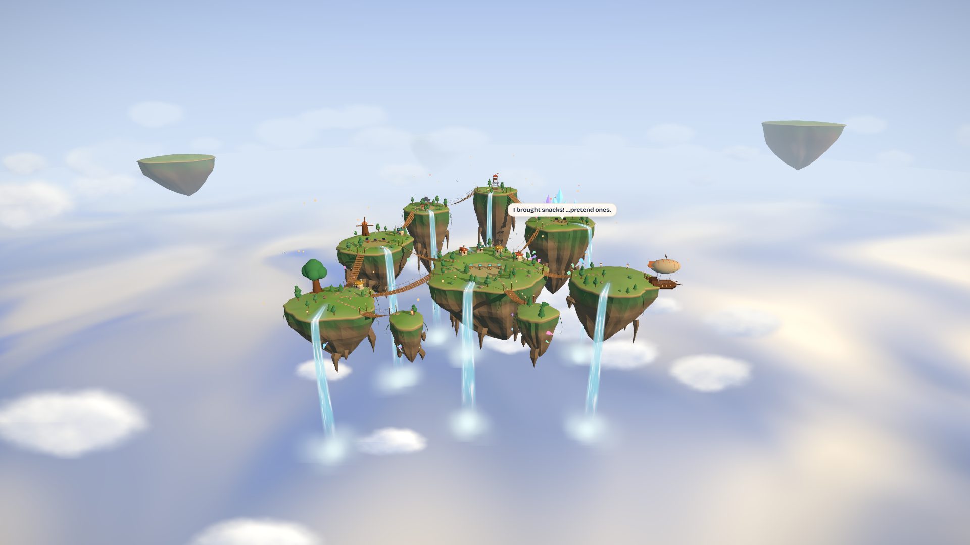 Aerie: Nine floating isles in open sky: rope bridges, waterfalls into a cloud sea, a windmill, a shrine and a docked airship