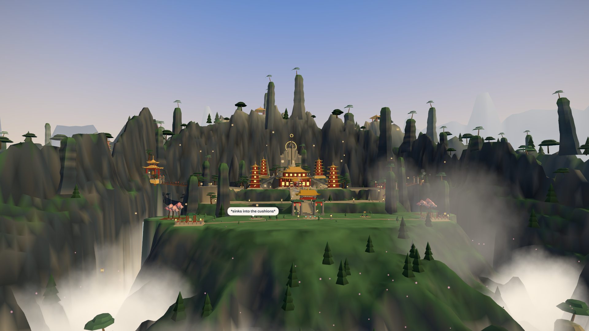 Cloudspire: A golden-roofed mountain sanctuary above a sea of cloud: terraces, stairs, chain bridges, a guardian in the rock, waterfalls and karst spires on every side