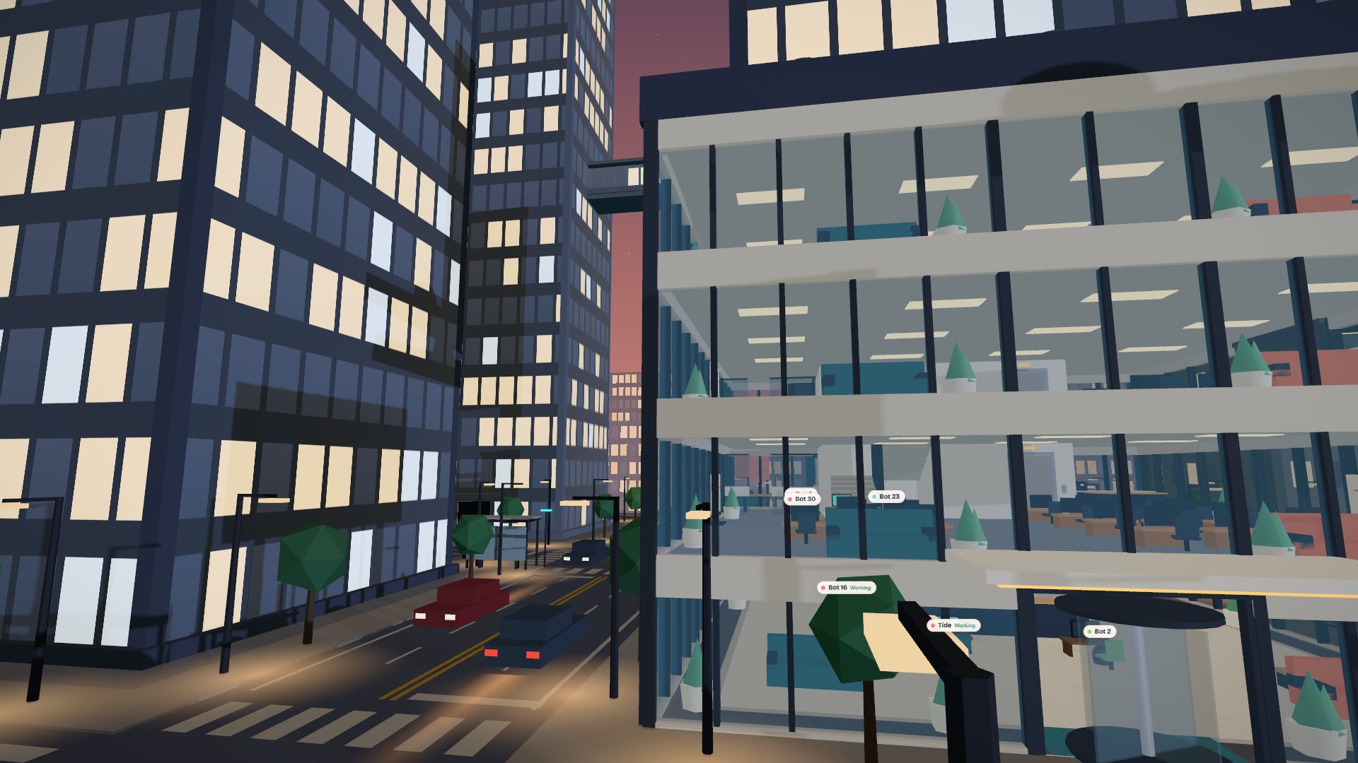 Gridlock, street level: Every guild's headquarters is a tower you can walk into, with floors of desks seen through the glass.