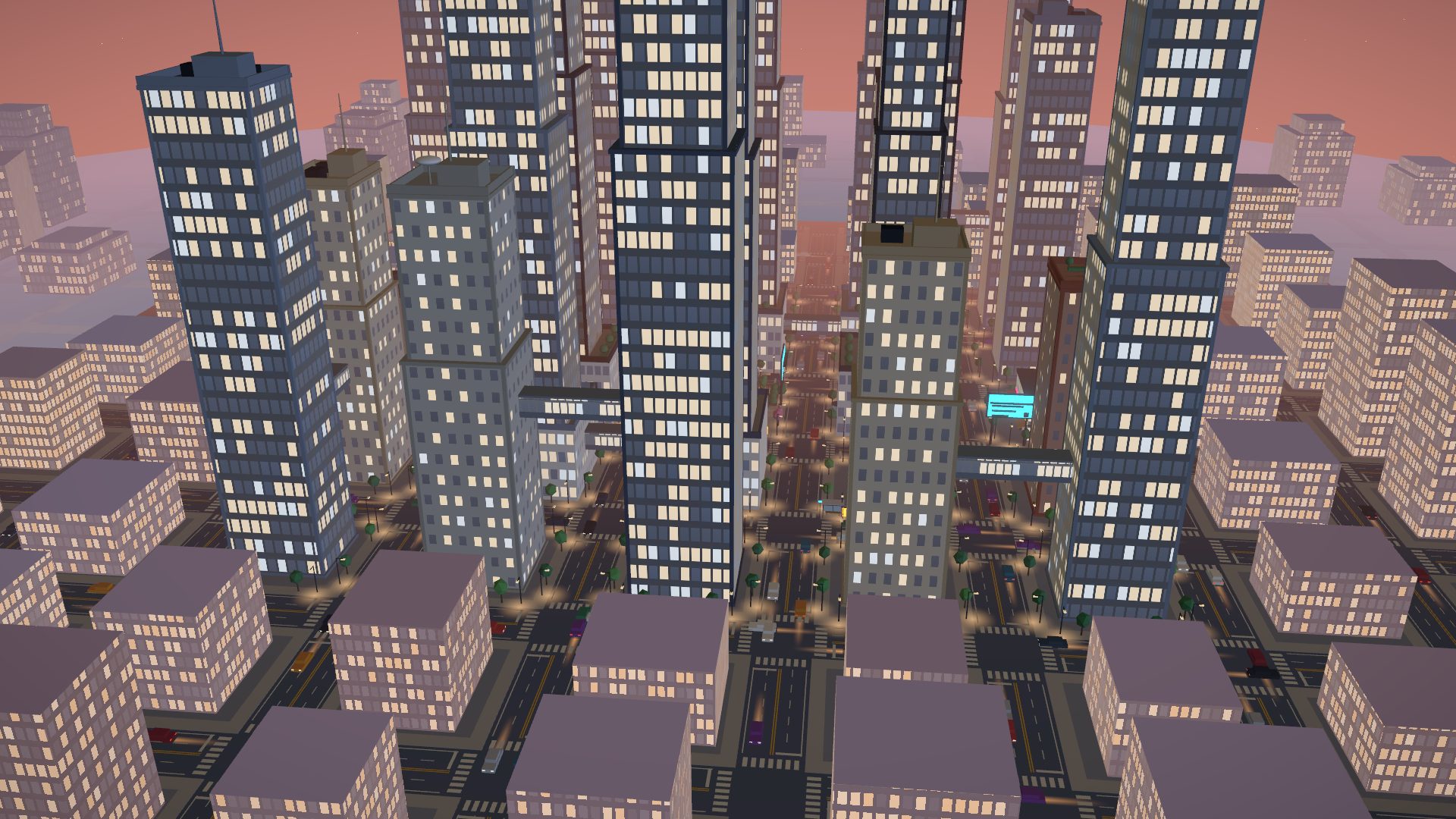 Gridlock: A neon tower city at dusk: twenty towers, skybridges, a fountain plaza and six headquarters you can walk into