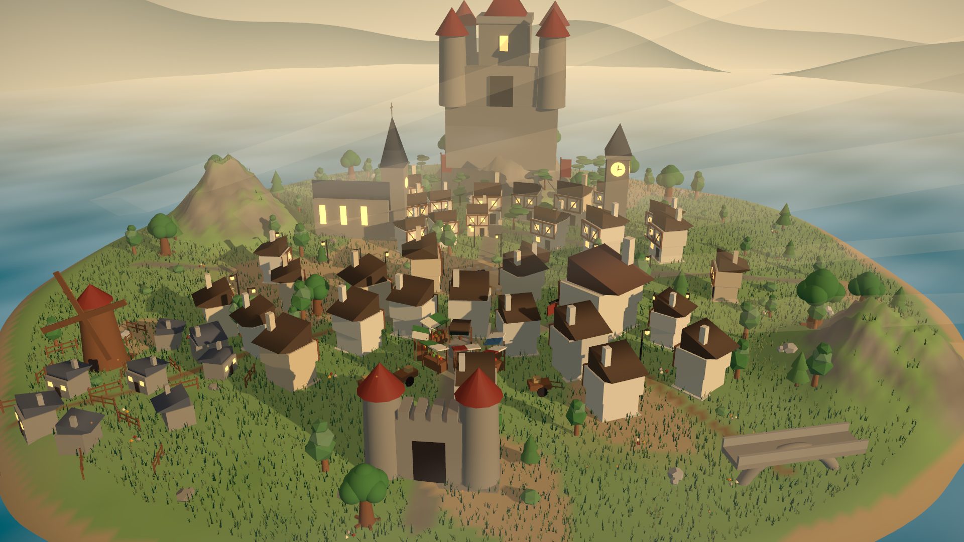 Hollowmere Market Town: A storybook market town: timber houses, cobbled lanes, tavern, church and a castle on the hill