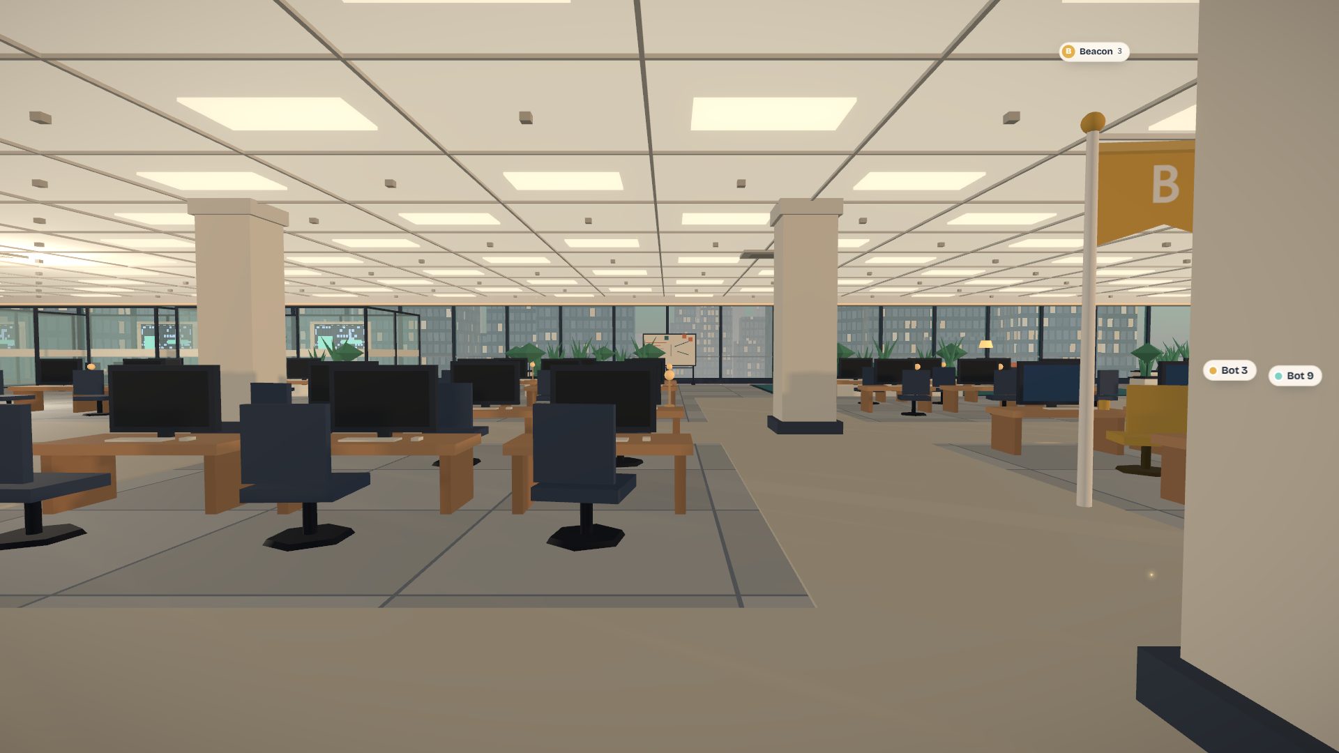 Open Floor, at the desks: Inside the floor: ceiling grid, columns, desk pods and the city through the curtain wall.