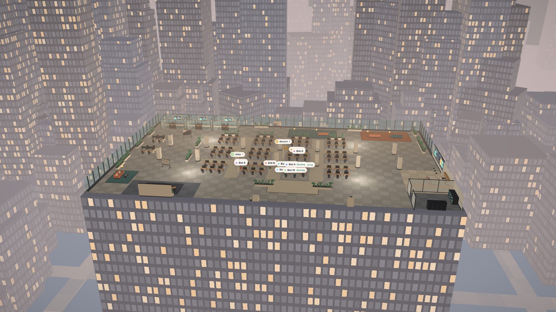 Open Floor: An open-plan office floor in a glass tower: desk pods, meeting rooms, a pantry, a lounge and the city beyond the curtain wall